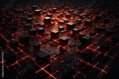 Futuristic abstract background featuring a grid of black cubes illuminated by vibrant orange lines. Ideal for tech, gaming, or digital innovation concepts.