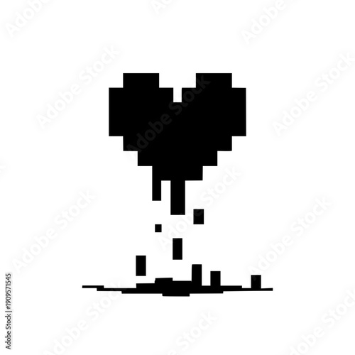 Melting heart made of pixels in black