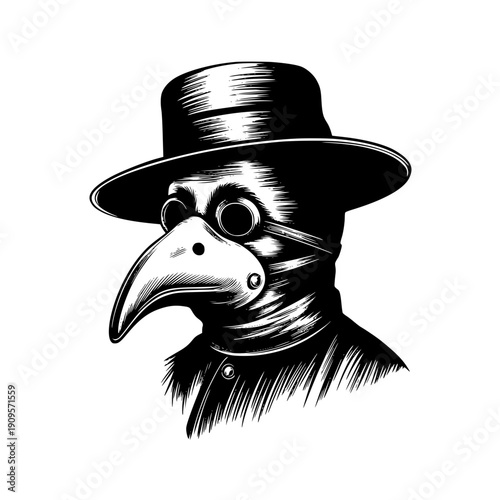 Vintage plague doctor in protective beak mask and hat