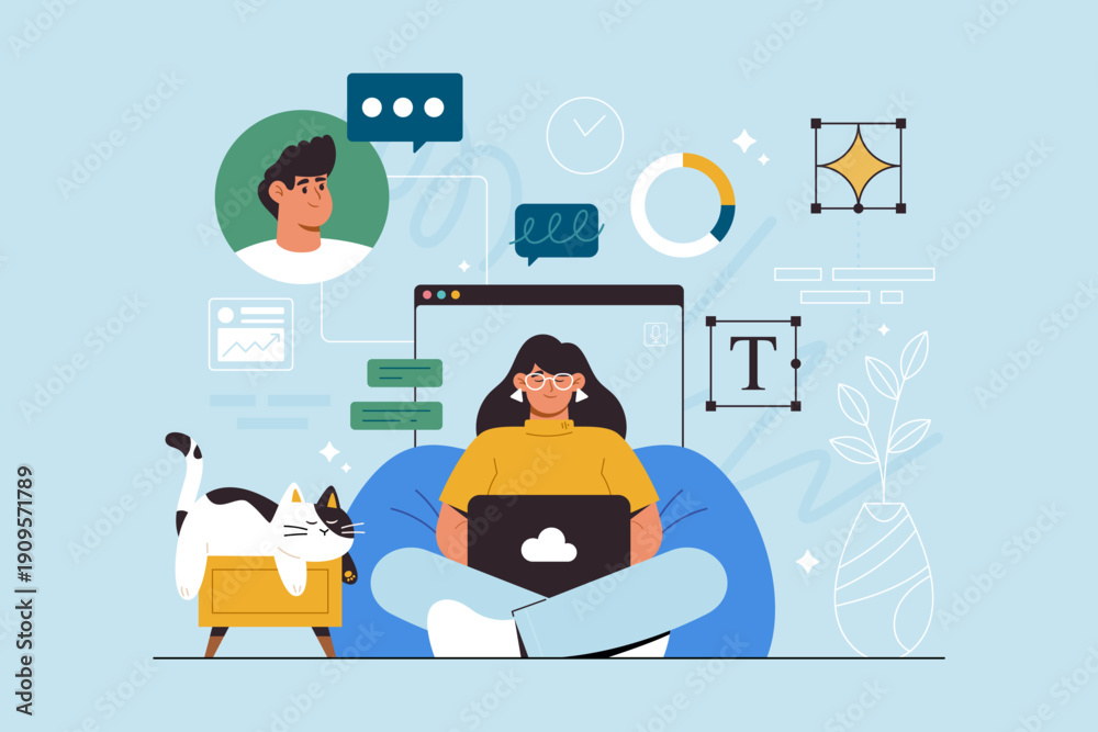 Fototapeta premium Remote work home office scene composition isometric cartoon