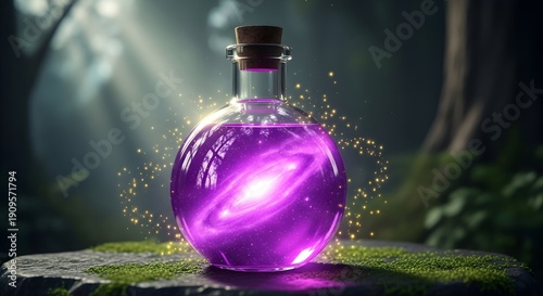 Mysterious glowing purple potion bottle in an enchanted forest setting