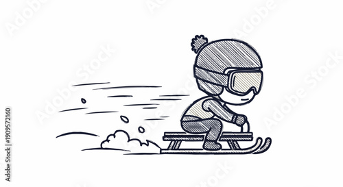 Cute cartoon child in winter clothes and goggles sledding downhill, enjoying winter sport and snowy fun