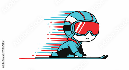 Dynamic cartoon illustration of a speedy skier in a blue helmet and red goggles, capturing the thrill and motion of winter sports.