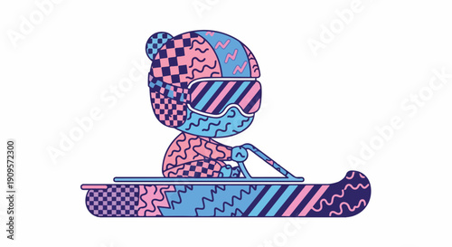Vibrant vector illustration of a stylized character paddling a canoe, adorned with playful pink and blue geometric patterns and dynamic textures, modern graphic design.