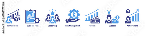 Entrepreneur Path banner icon set representing entrepreneurial mindset, leadership growth, strategic planning, and achievement milestones