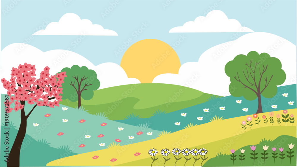 Obraz premium Spring landscape with blooming tree, hills