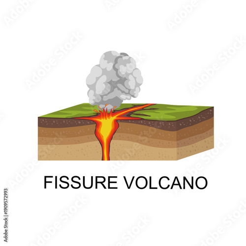 Vector illustration of a landscape of a volcanic lava river flowing through a cracked mountain range.