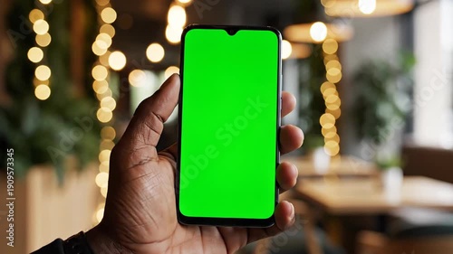 Man holding mobile phone with green screen display for content replacement