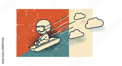 Retro illustration of a character in helmet and goggles sledding down a snowy slope with speed lines, capturing the thrill and fun of winter sports.