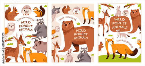 Wild Forest Animals Cartoon Poster Set. Woodland wildlife collection ideal for preschool education and kids room wall art. Flat cartoon illustration for nursery and preschool decor.