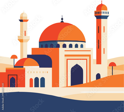 Bild auf Leinwand Modern Flat Illustration of a Grand Mosque with Large Orange Dome and Minarets i