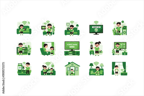 Collection of green smart home icons featuring woman and child using various devices