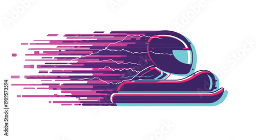 Abstract illustration of a go-kart racer in motion with speed lines and vibrant purple and pink streaks, conveying speed and dynamism.
