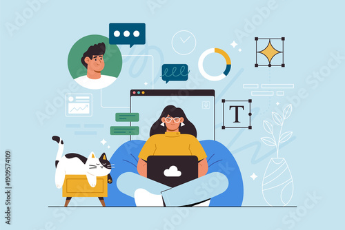 Remote work home office scene composition isometric cartoon