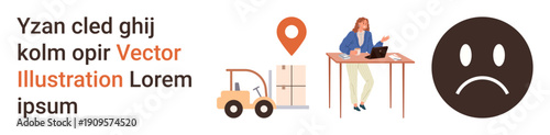 Supply chain, remote work, location services, productivity, transportation, emotions. Scene a forklift, a person at a desk a location icon and a frown face. Supply chain and remote work