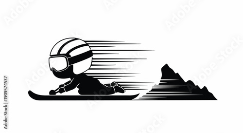 Cartoon skier in helmet and goggles speeding down a snowy mountain slope, dynamic motion lines, vector illustration
