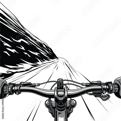 First-person perspective bicycle ride. Dynamic cycling illustration. Speed motion lines. Black and white graphic art.