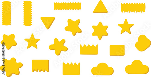 Yellow Decorative Shape Elements Set with Stars Clouds Rectangles Ribbons and Organic Blobs for Kids Design Sticker Pack