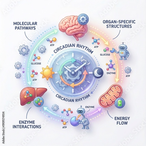 Illustrative depiction of circadian rhythm's influence on molecular pathways, organ structures, and energy flow within the body