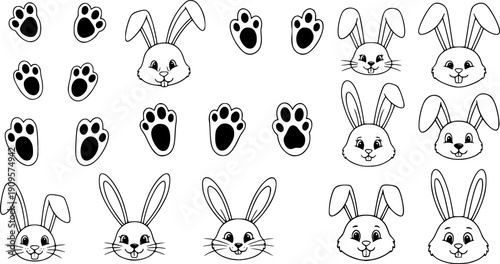 Cartoon bunny elements. Cute bunny footprint trail, paws, ears and faces. Funny bunnies head and muzzle. Decorative element for Easter. Printable stickers scrapbooking. Vector set