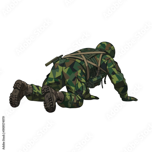 Soldier crawling in camouflage uniform. Military training exercise. Army personnel. Combat readiness. Isolated vector.