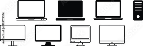 Computer monitor and desktop display collection including laptop and tower PC isolated black silhouette vector technology icon set