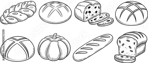Hand drawn bread and bakery collection including loaves buns baguette sliced bread and pumpkin food illustration set