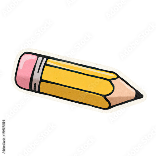 Cartoon-style pencil with pink eraser, yellow body, and sharpened graphite tip on a sticker