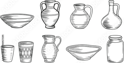 Hand drawn ceramic vessels collection including bowls pitchers jars cups and decorative pottery illustration set