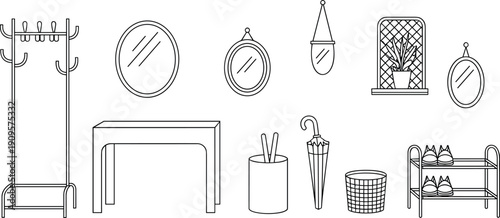 Hand drawn hallway furniture and decor collection including coat rack mirrors table umbrella stand basket and shoe shelf illustration set