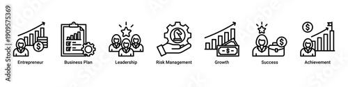 Entrepreneur Path banner icon set representing entrepreneurial mindset, leadership growth, strategic planning, and achievement milestones