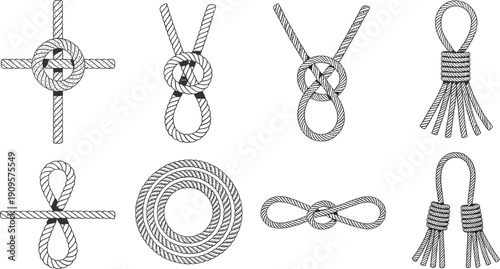 Hand drawn rope knots and cord loops collection including nautical ties decorative bindings and twisted line illustration set