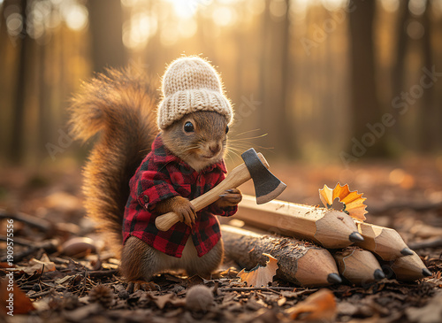 Squirrel in hat and plaid shirt holding axe next to large pencils in forest