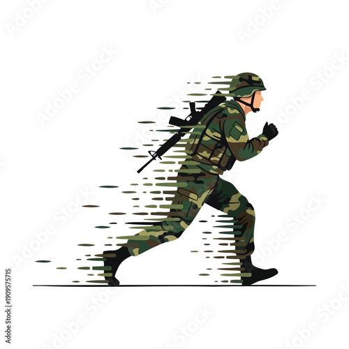 Soldier Running. Military Action. Camouflage Uniform. Motion Blur Effect. Graphic Illustration.