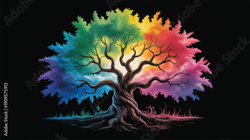 A digital art illustration of a mystical tree with a rainbow-colored canopy against a black background (4)_traced