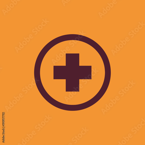 A dark purple plus sign inside a circle on a vibrant orange background, representing addition or medical aid.