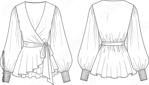 Line art vector illustration of an elegant wrap blouse with long puff sleeves, a waist tie belt, and ruffled hemline