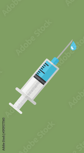 A medical syringe filled with blue liquid, ready for injection, with a drop at the needle tip.