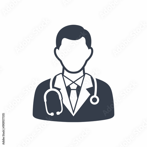 Stylized icon of a male doctor wearing a lab coat and stethoscope, representing healthcare and medical professions.