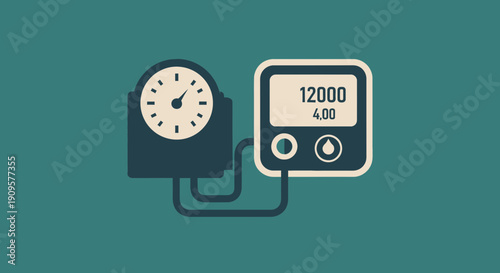 An illustration depicting an analog gauge connected to a digital meter with numerical display and control buttons, suggesting measurement or dispensing.