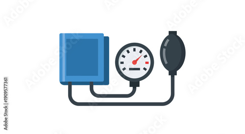 Blood pressure monitor with cuff, gauge, and bulb for medical health check-ups and hypertension measurement.