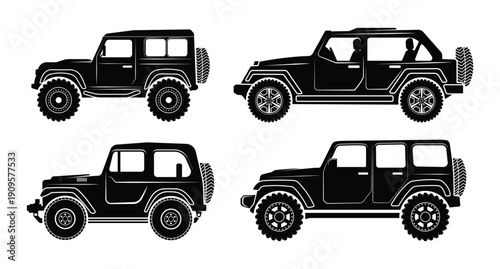 Off-Road 4x4 SUV Silhouette Set Isolated on White Background Vector Illustration