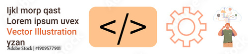 Software development, coding basics, web programming, technology design, debugging codes, IT learning. Gear and code symbols with a developer character. Software development and coding basics concept