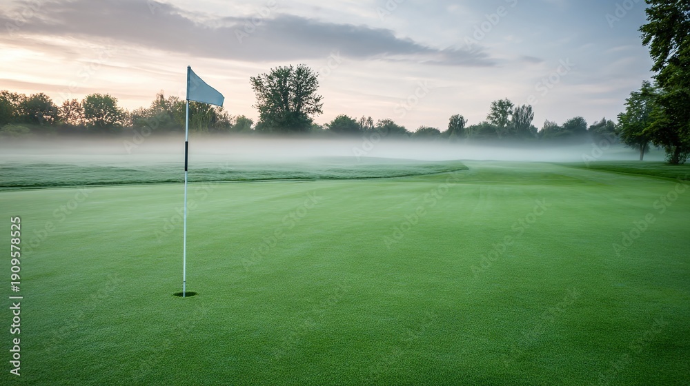 Obraz premium flagstick. Manicured golf green with flagstick in early morning, dew on grass and gentle mist. event key visuals, club posters, designed for fitness apps and gym onboarding, drives event promotion.