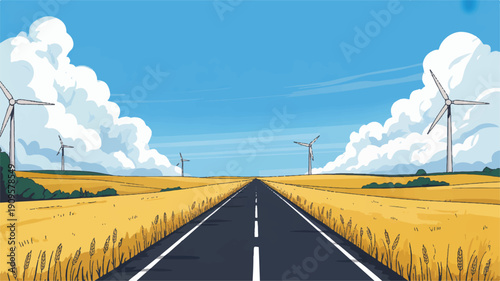 A digital illustration of a long, straight black asphalt road stretching into the distance through golden wheat fields (2)_traced