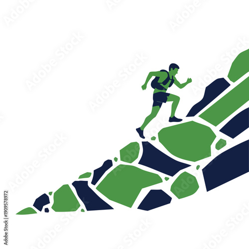 Man hiker running up rocky mountain path. Outdoor adventure.