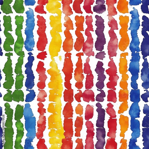 Bright colors cover the surface in a design of irregular vertical stripes. The artwork shows a mix of green, yellow, red, blue, and purple hues. Each stripe is formed with soft brush strokes
