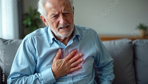 Wallpaper Mural Elderly man clutches chest in pain. Senior male suffers heart attack or angina symptoms at home. He looks unwell on sofa, needs urgent medical care. Old person feels sick. Torontodigital.ca
