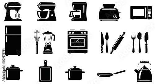 Collection of essential kitchen appliances and cooking utensils illustrated as simple white silhouettes against a solid black background perfect for graphic design projects.