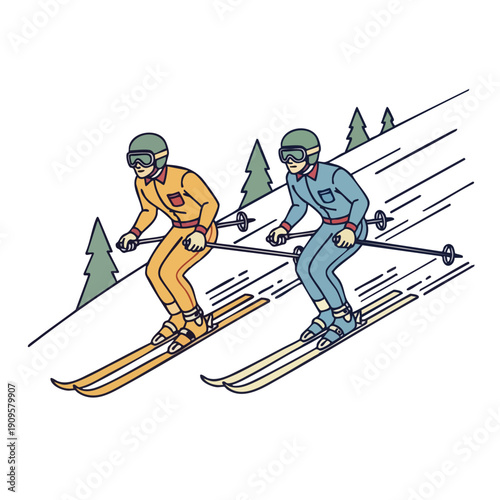 Two Skiers Downhill Skiing. Retro Winter Sport Illustration. Line Art Skiing. Outdoor Activity Graphic.